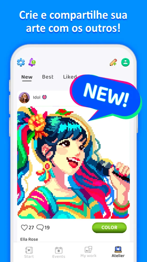 Ecrã do jogo Pixelo a colorir uma imagem de pixel art por números